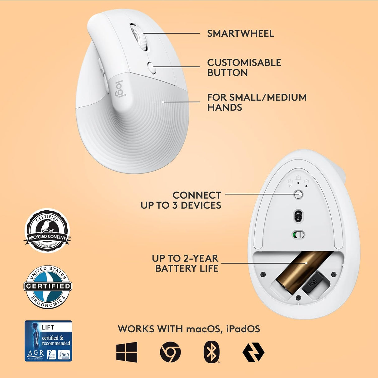 LOGITECH Lift Vertical Ergonomic Mouse White 910-006475