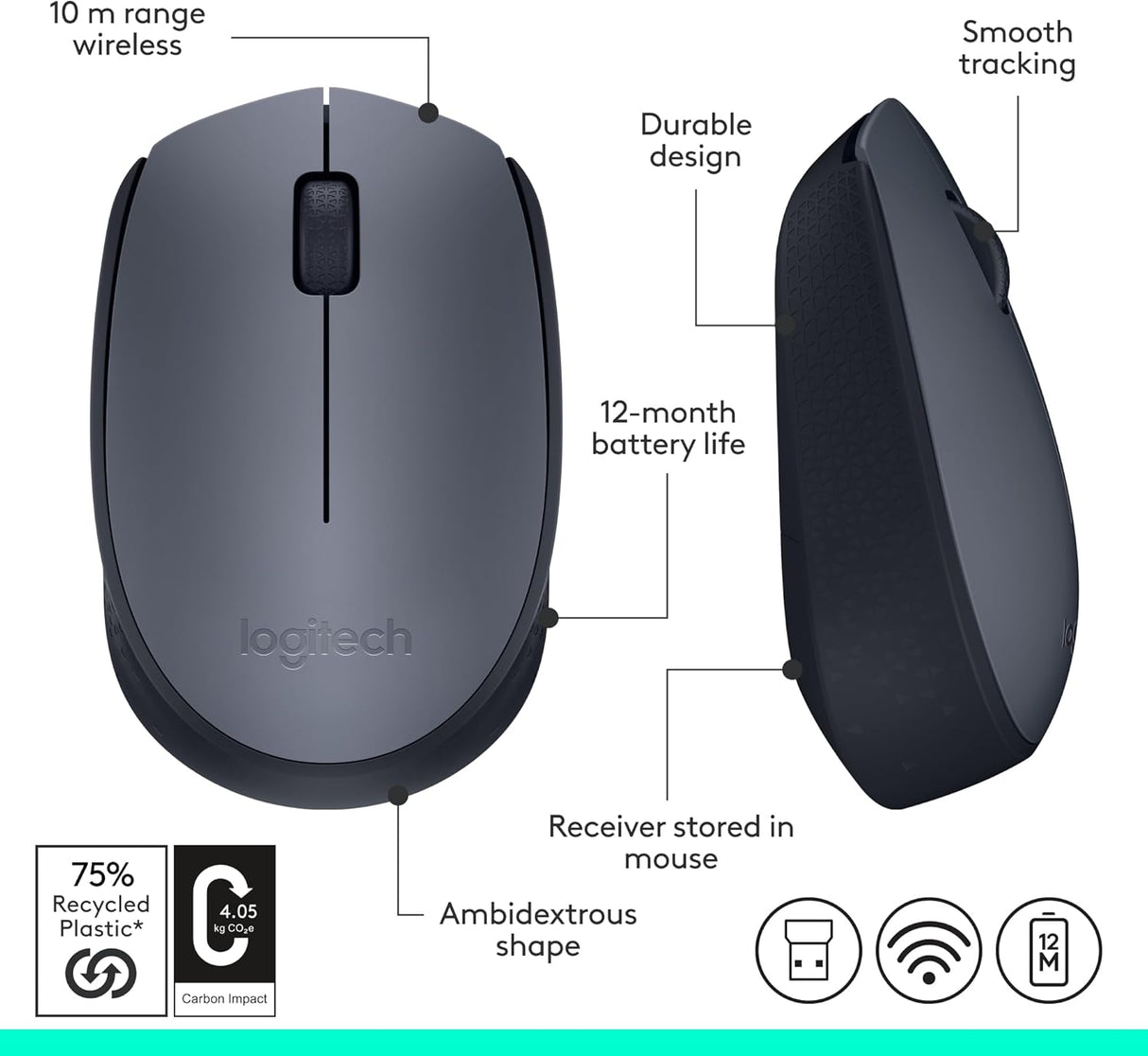 LOGITECH M170 Grey Wireless Mouse 910-004642