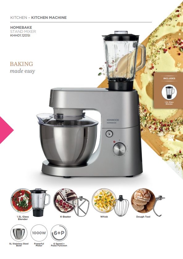 KENWOOD HomeBake Stand Mixer + Blender Silver Kitchen Machine KHH01.120SI