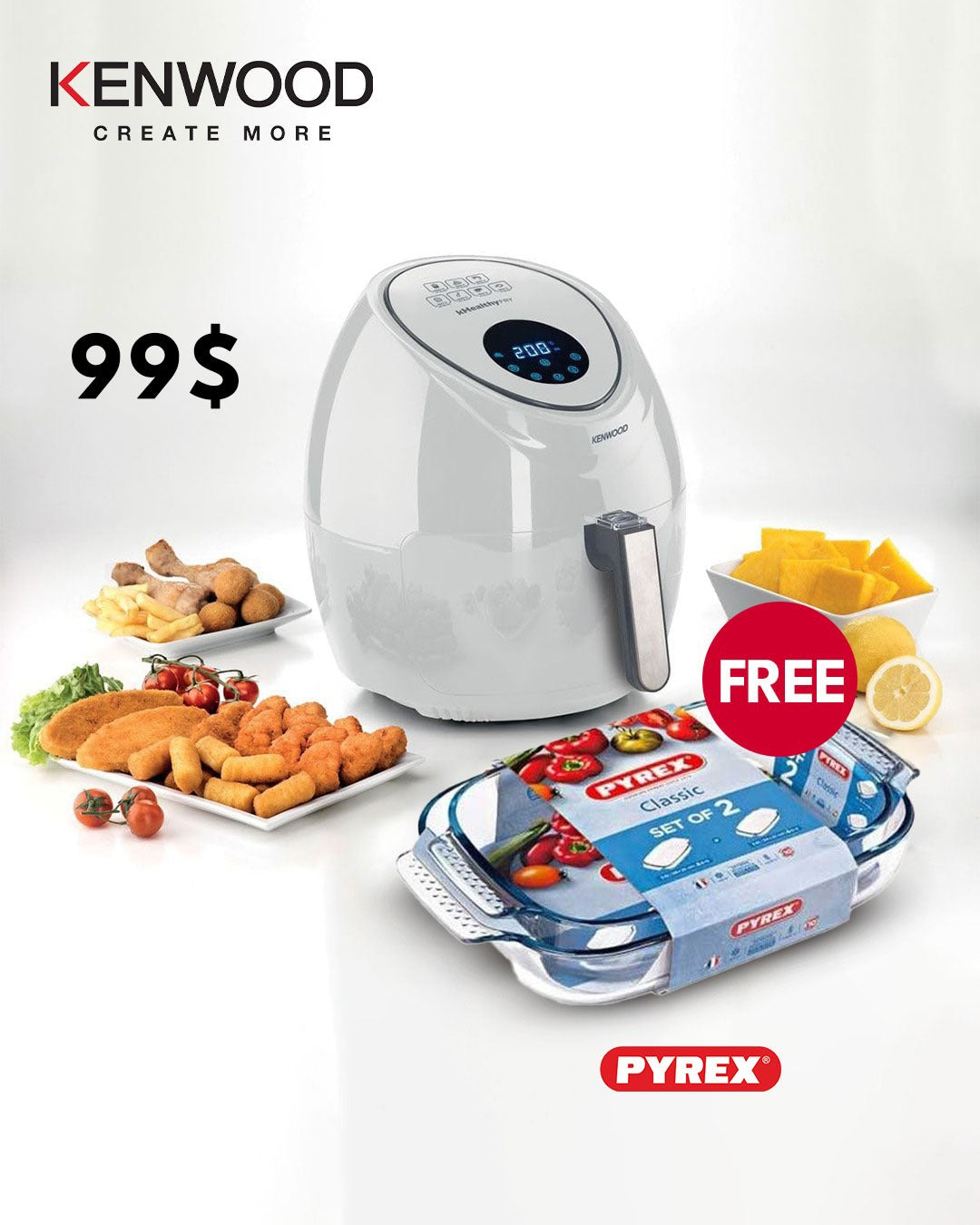 KENWOOD Air Fryer HFP50 White + Pyrex Set of 2 Rectangular Roasters 9125969